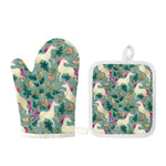 Floral Unicorn Pattern Print Oven Mitt And Pot Holder Set