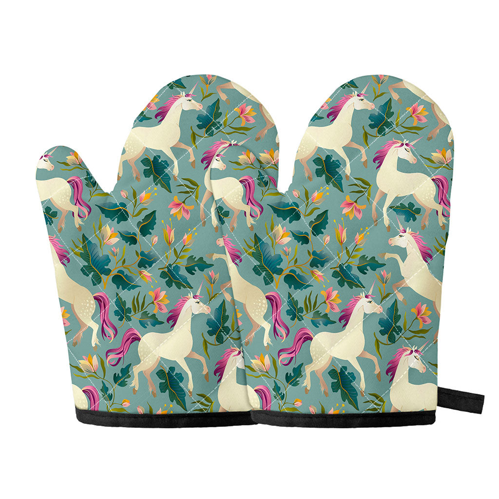 Floral Unicorn Pattern Print Oven Mitts