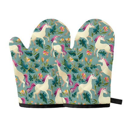 Floral Unicorn Pattern Print Oven Mitts
