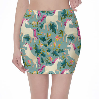 Floral Unicorn Pattern Print Pencil Mini Skirt