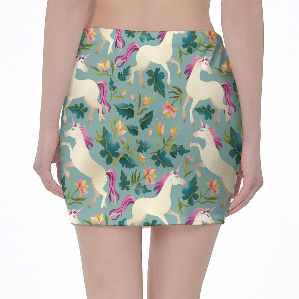 Floral Unicorn Pattern Print Pencil Mini Skirt