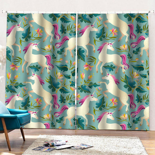 Floral Unicorn Pattern Print Pencil Pleat Curtains