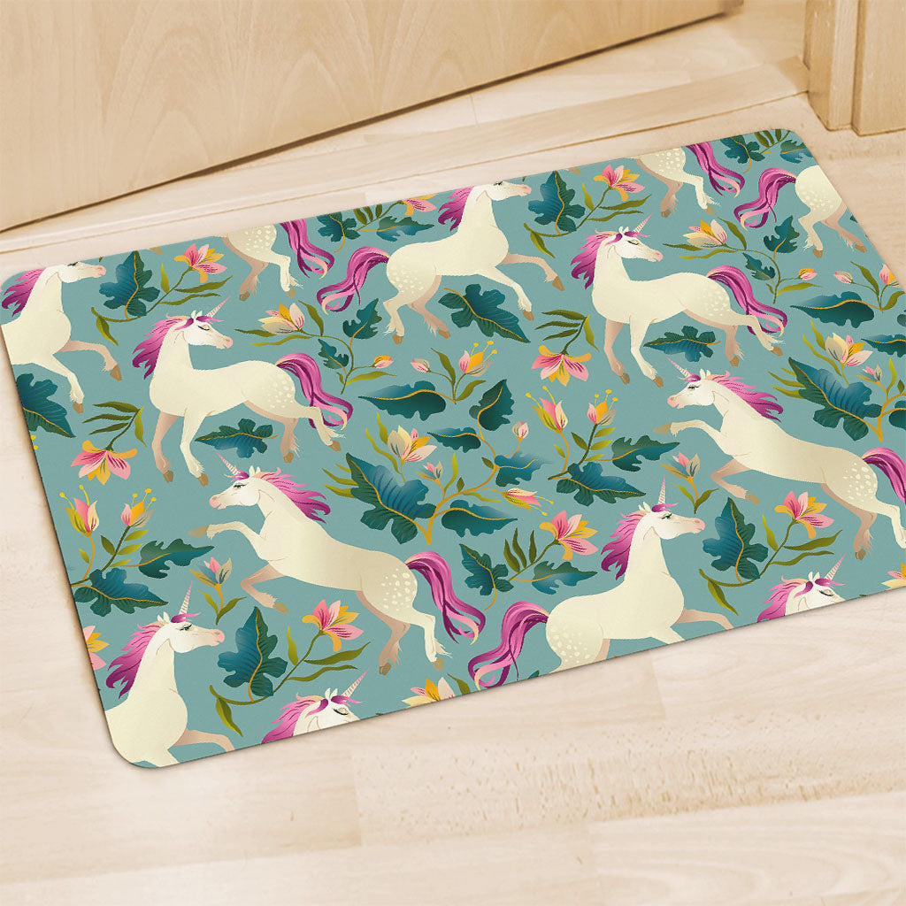 Floral Unicorn Pattern Print Polyester Doormat