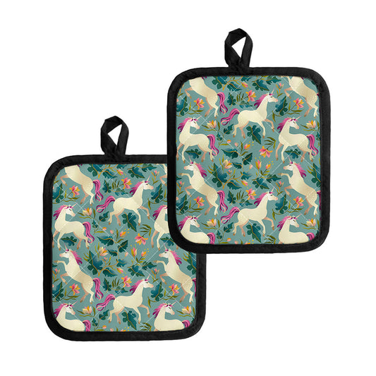 Floral Unicorn Pattern Print Pot Holders