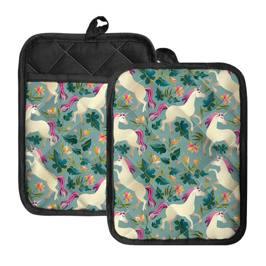 Floral Unicorn Pattern Print Pot Holders With Pocket