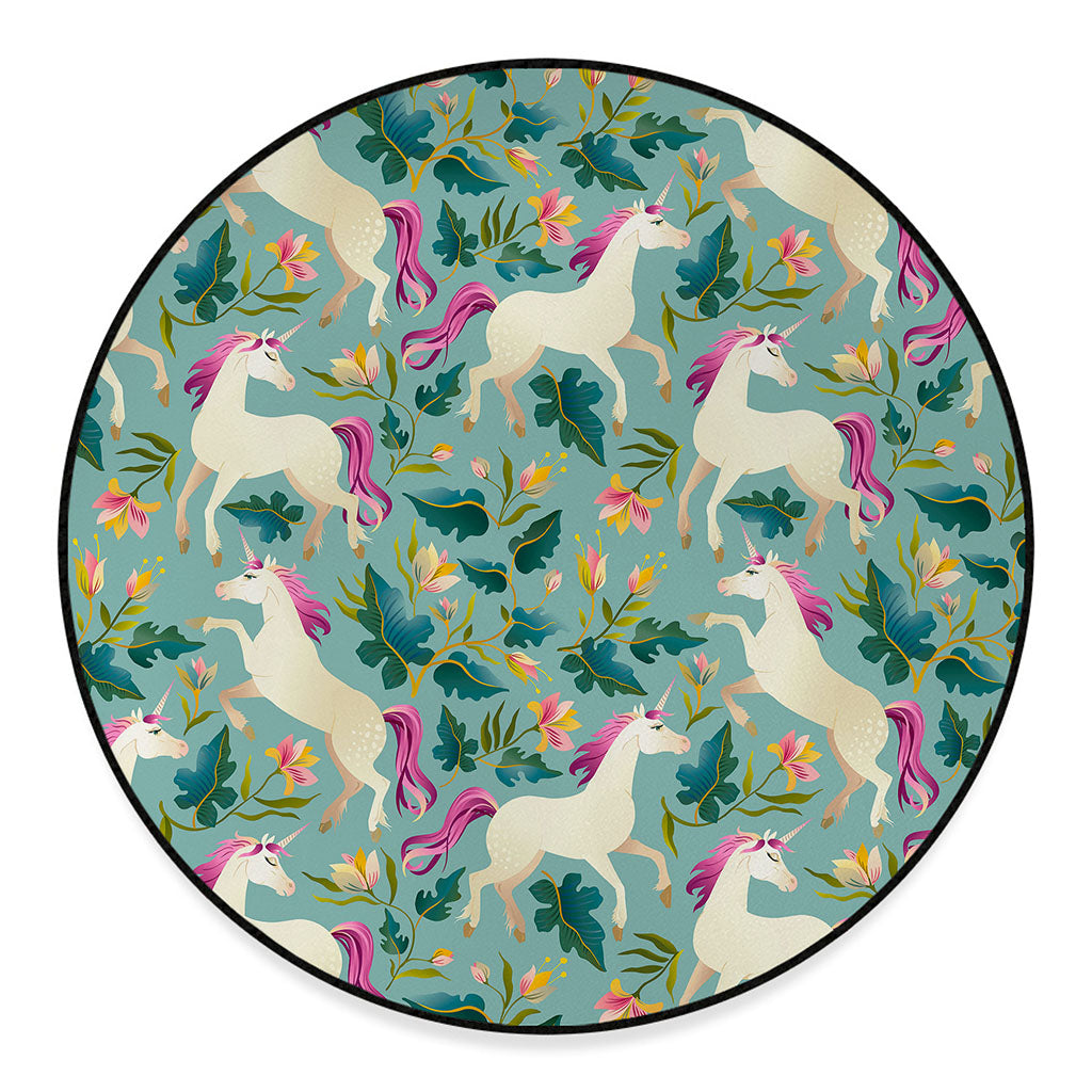Floral Unicorn Pattern Print Round Floor Mat