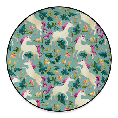 Floral Unicorn Pattern Print Round Floor Mat