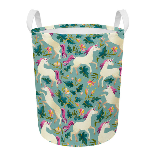 Floral Unicorn Pattern Print Round Laundry Basket