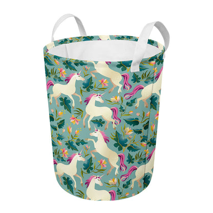 Floral Unicorn Pattern Print Round Laundry Basket