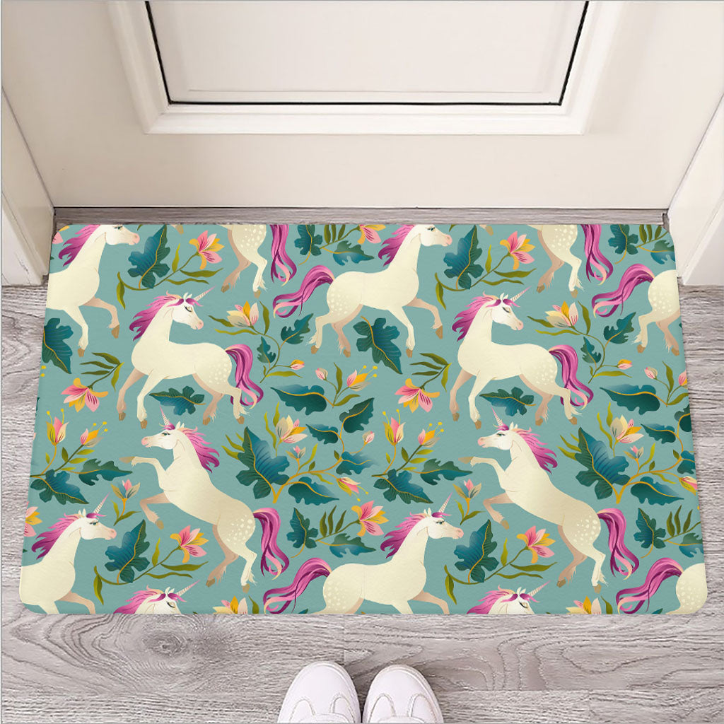 Floral Unicorn Pattern Print Rubber Doormat