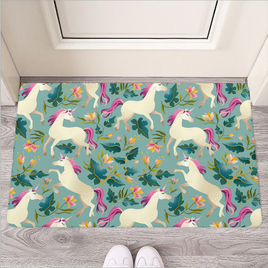 Floral Unicorn Pattern Print Rubber Doormat