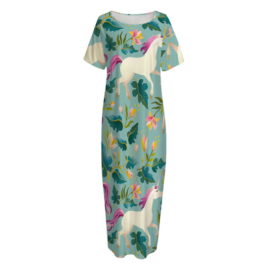 Floral Unicorn Pattern Print Short Sleeve Long Nightdress
