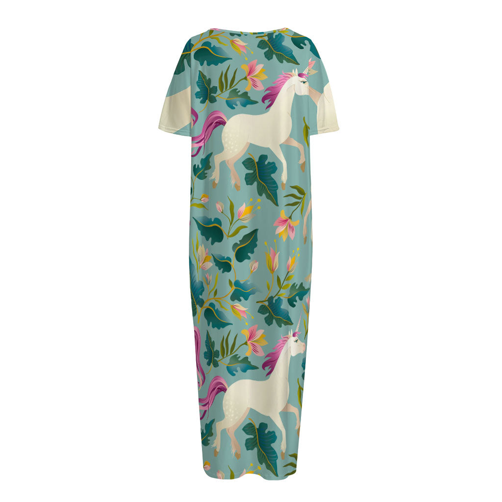 Floral Unicorn Pattern Print Short Sleeve Long Nightdress