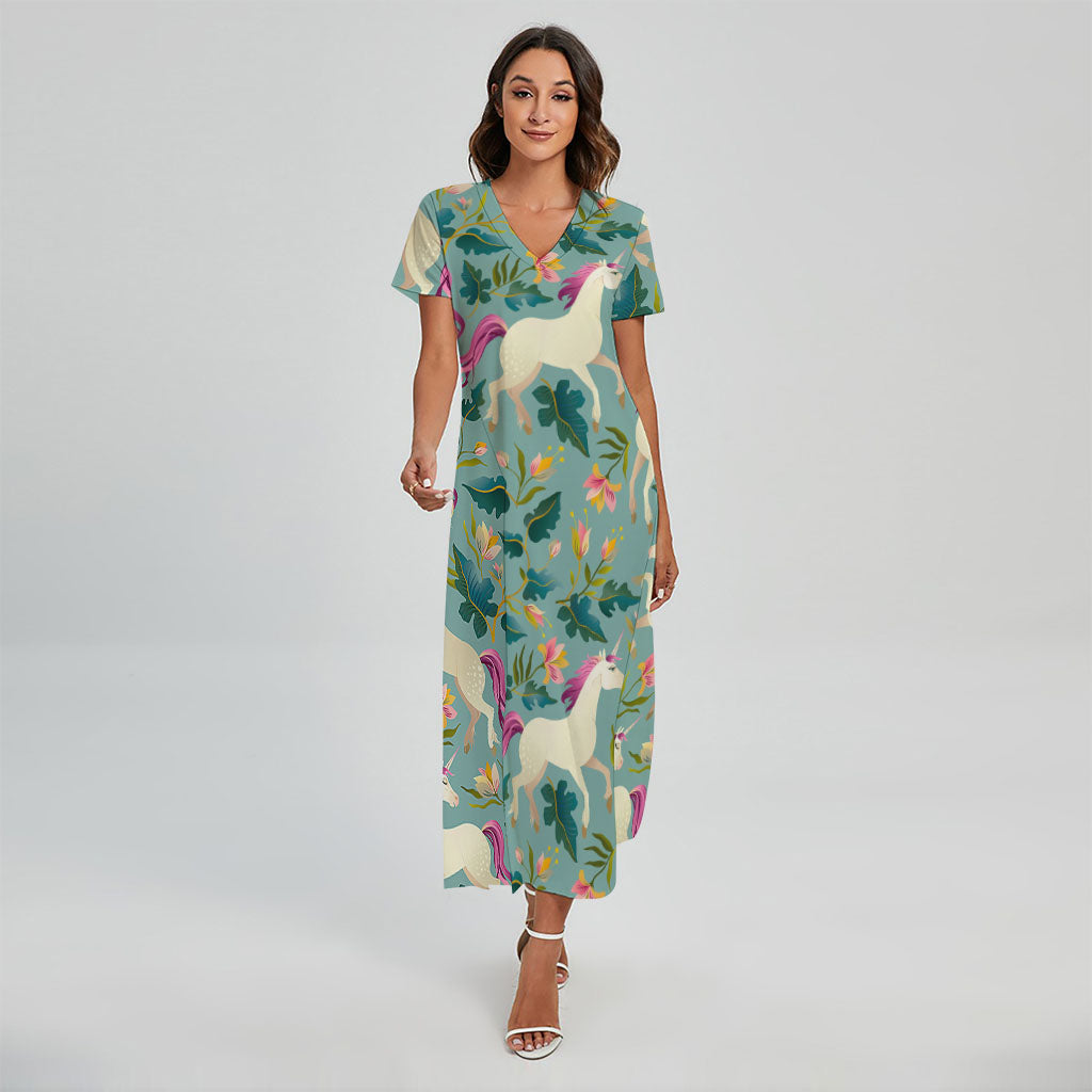 Floral Unicorn Pattern Print Short Sleeve Maxi Dress