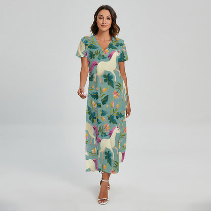 Floral Unicorn Pattern Print Short Sleeve Maxi Dress