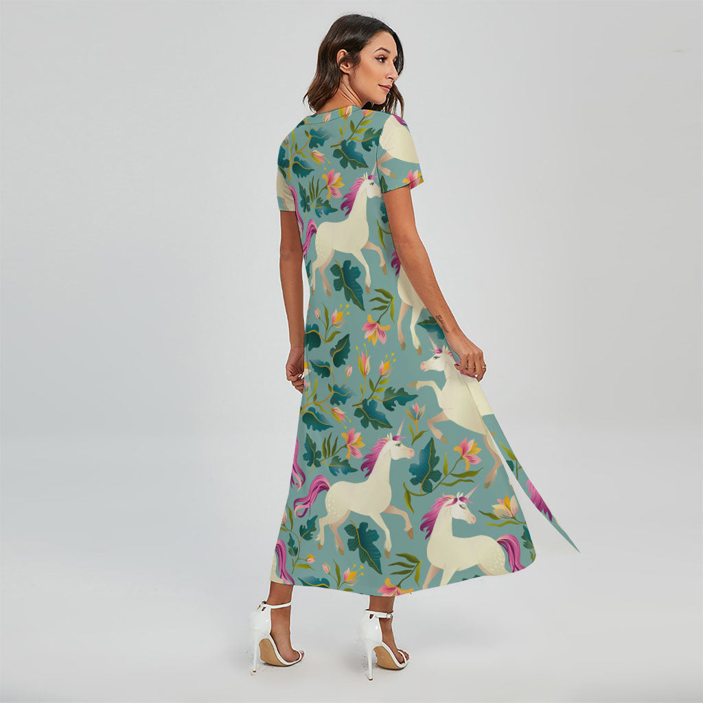 Floral Unicorn Pattern Print Short Sleeve Maxi Dress