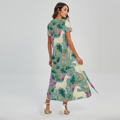 Floral Unicorn Pattern Print Short Sleeve Maxi Dress