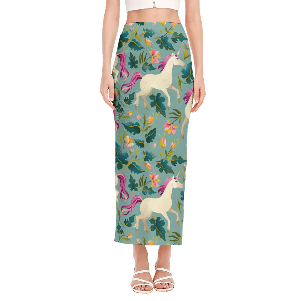 Floral Unicorn Pattern Print Side Slit Maxi Skirt