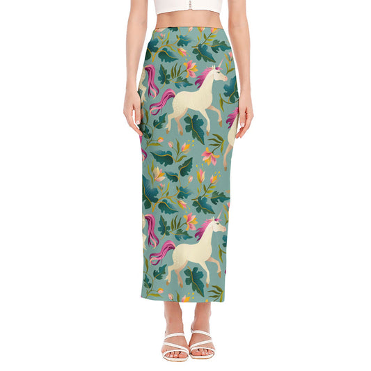 Floral Unicorn Pattern Print Side Slit Maxi Skirt