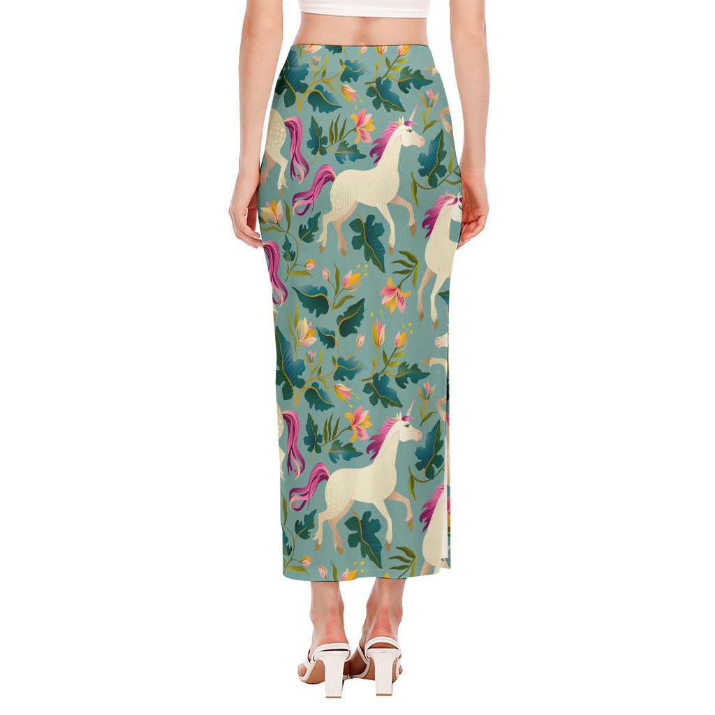 Floral Unicorn Pattern Print Side Slit Maxi Skirt