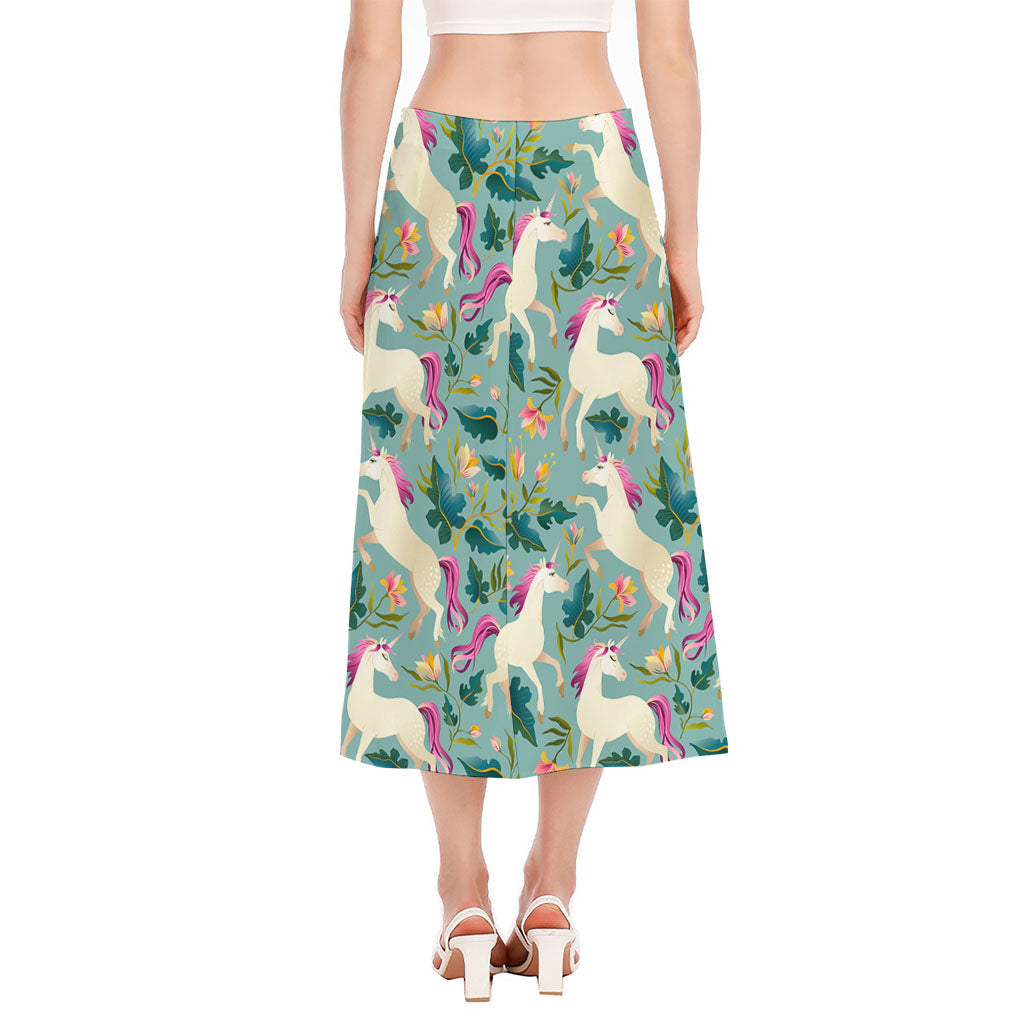 Floral Unicorn Pattern Print Side Slit Midi Skirt