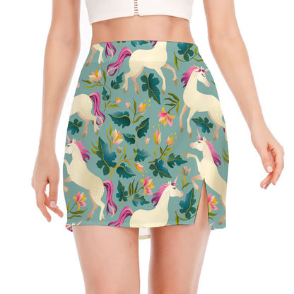 Floral Unicorn Pattern Print Side Slit Mini Skirt