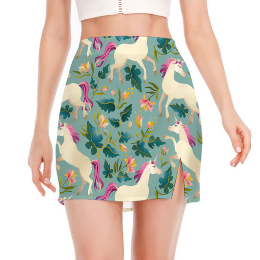 Floral Unicorn Pattern Print Side Slit Mini Skirt