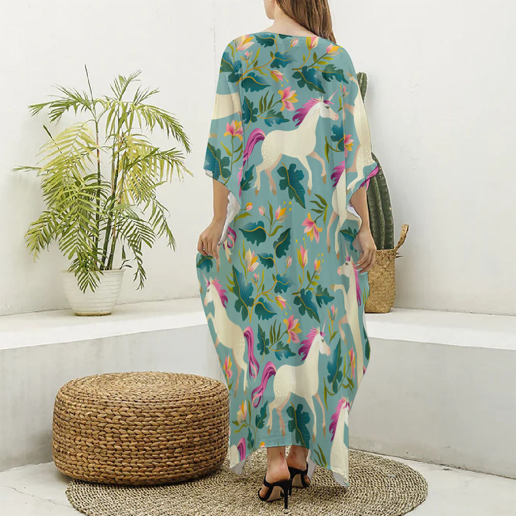 Floral Unicorn Pattern Print Silk V-Neck Kaftan Dress