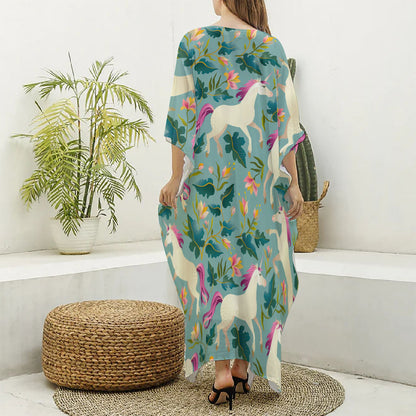 Floral Unicorn Pattern Print Silk V-Neck Kaftan Dress