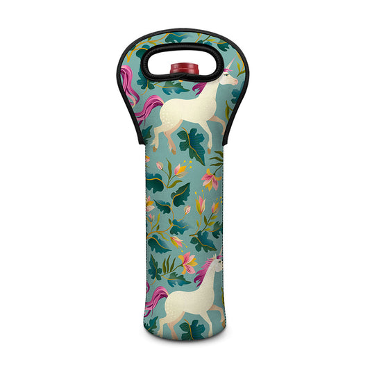 Floral Unicorn Pattern Print Single Neoprene Wine Tote