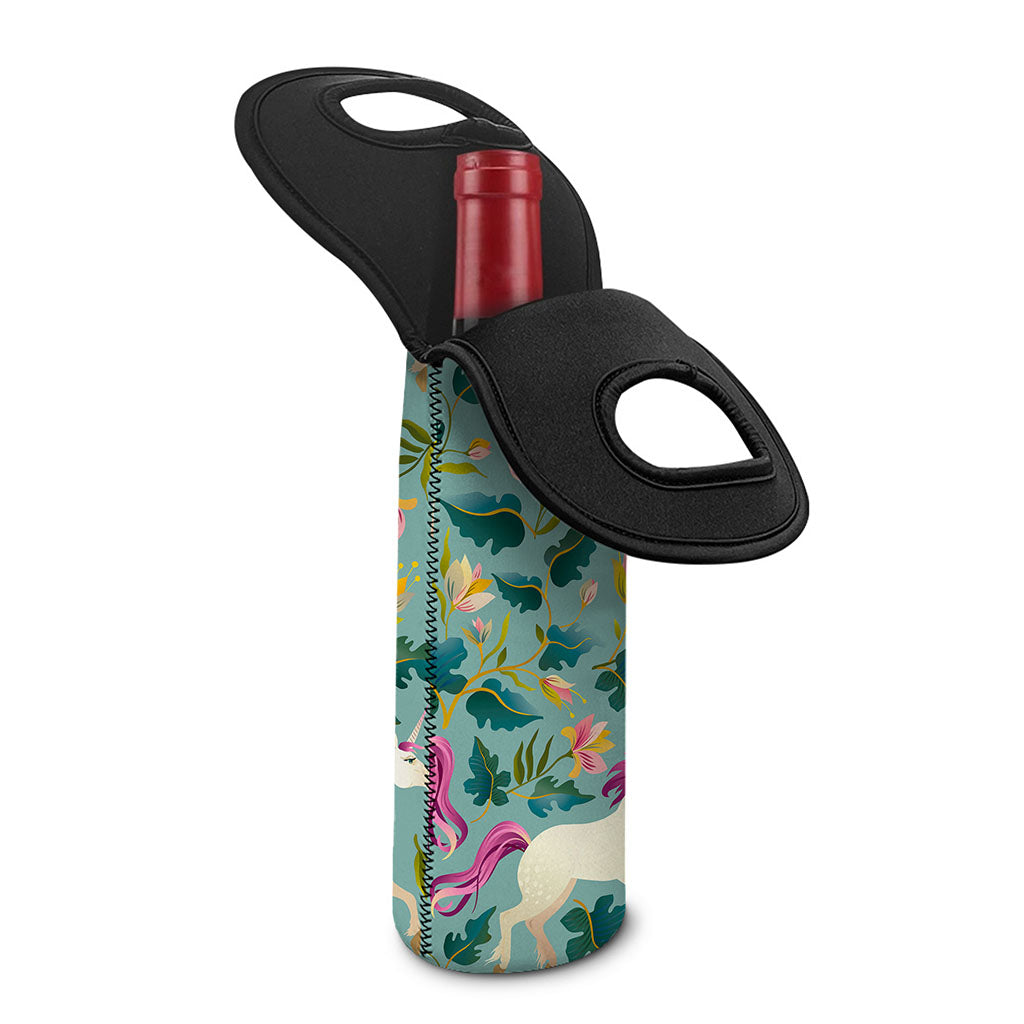 Floral Unicorn Pattern Print Single Neoprene Wine Tote