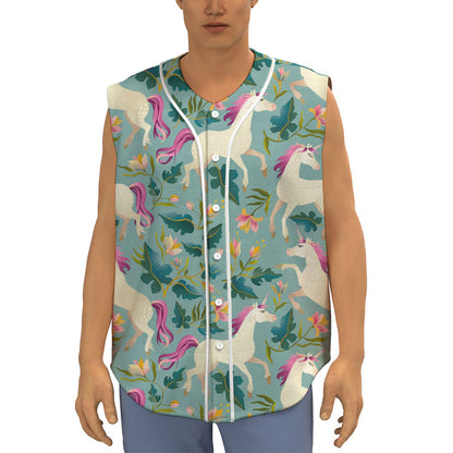 Floral Unicorn Pattern Print Sleeveless Baseball Jersey