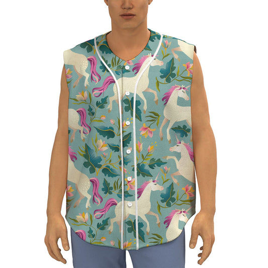 Floral Unicorn Pattern Print Sleeveless Baseball Jersey