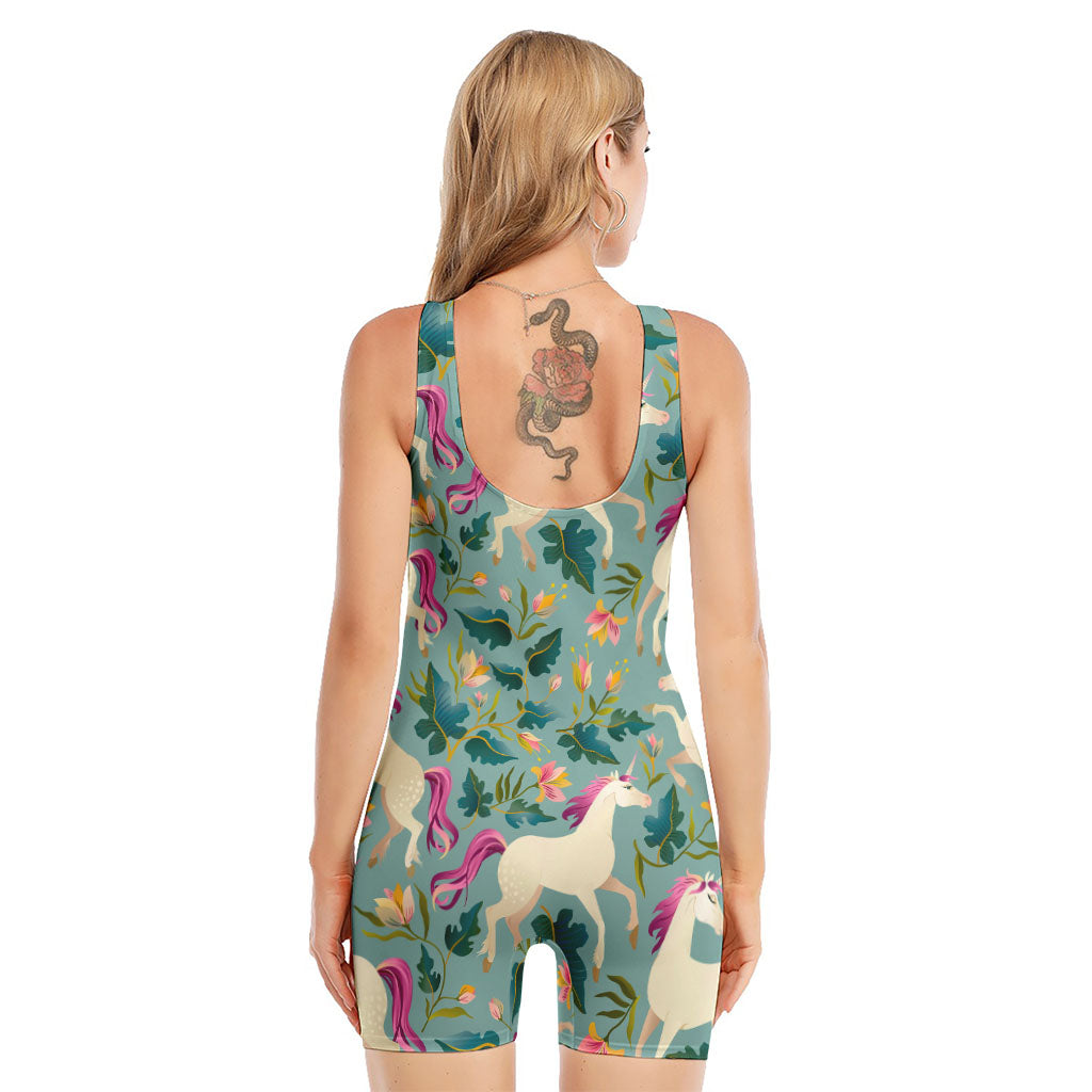 Floral Unicorn Pattern Print Sleeveless One Piece Swimsuit