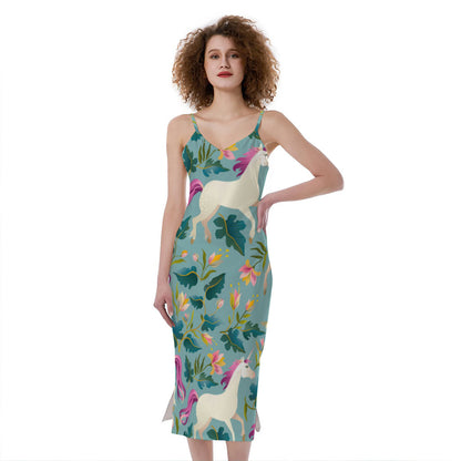 Floral Unicorn Pattern Print Slim Fit Midi Cami Dress