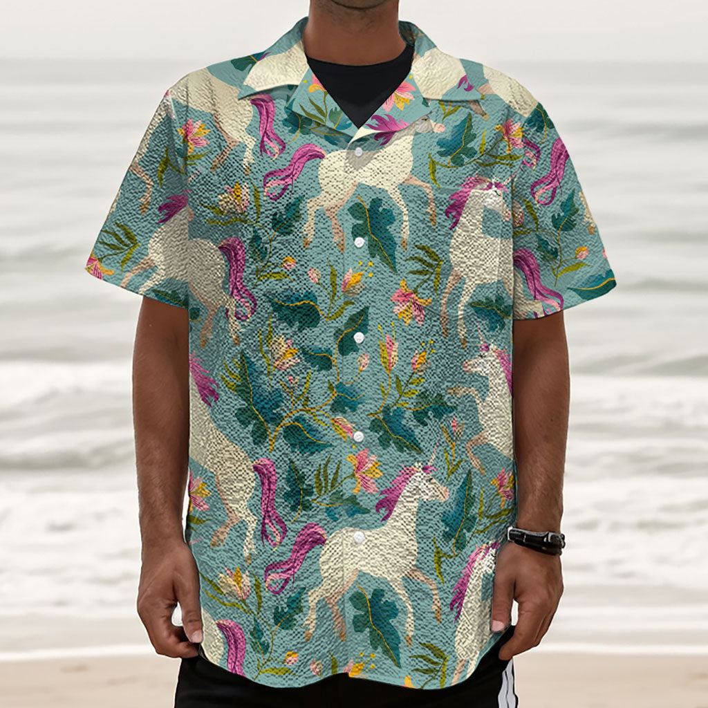Floral Unicorn Pattern Print Textured Short Sleeve Shirt