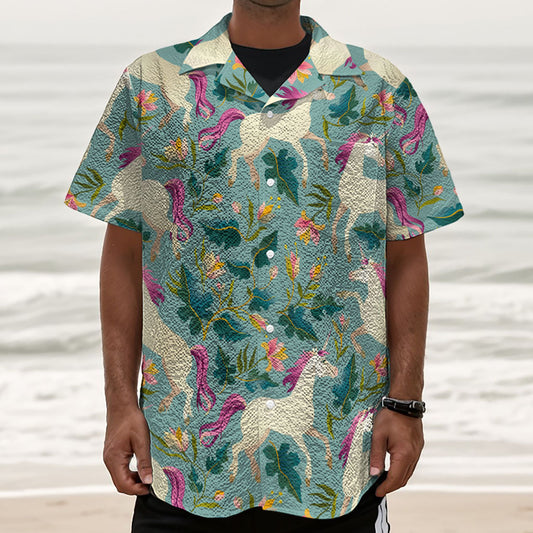 Floral Unicorn Pattern Print Textured Short Sleeve Shirt
