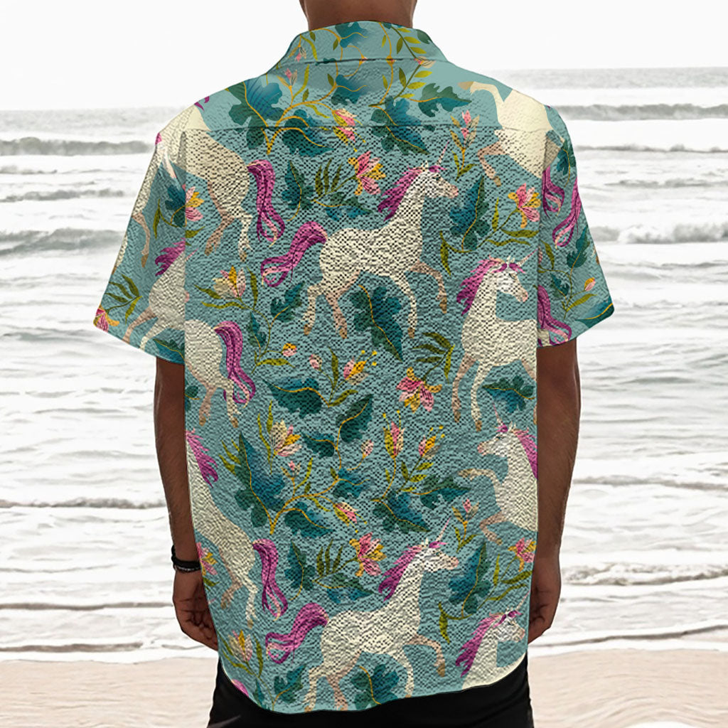 Floral Unicorn Pattern Print Textured Short Sleeve Shirt