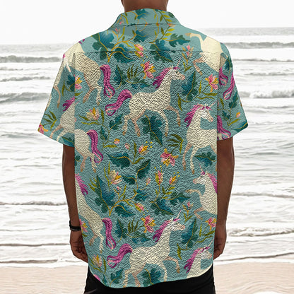 Floral Unicorn Pattern Print Textured Short Sleeve Shirt