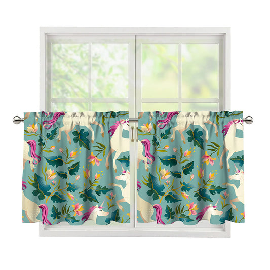 Floral Unicorn Pattern Print Tier Curtains