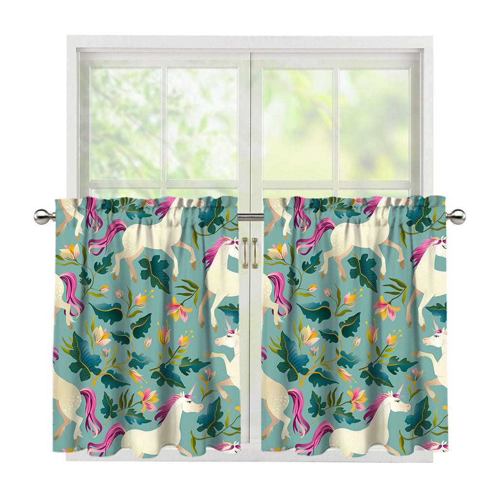 Floral Unicorn Pattern Print Tier Curtains
