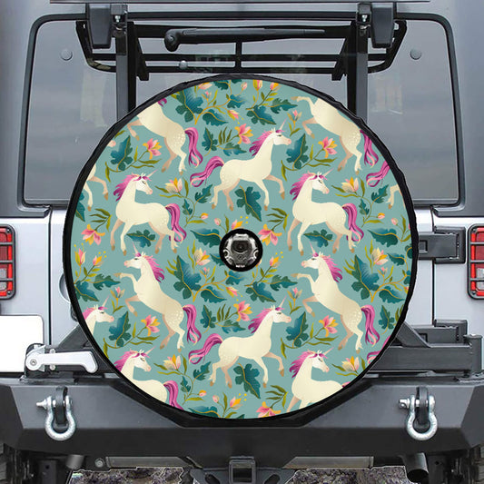 Floral Unicorn Pattern Print Tire Cover With Camera Hole
