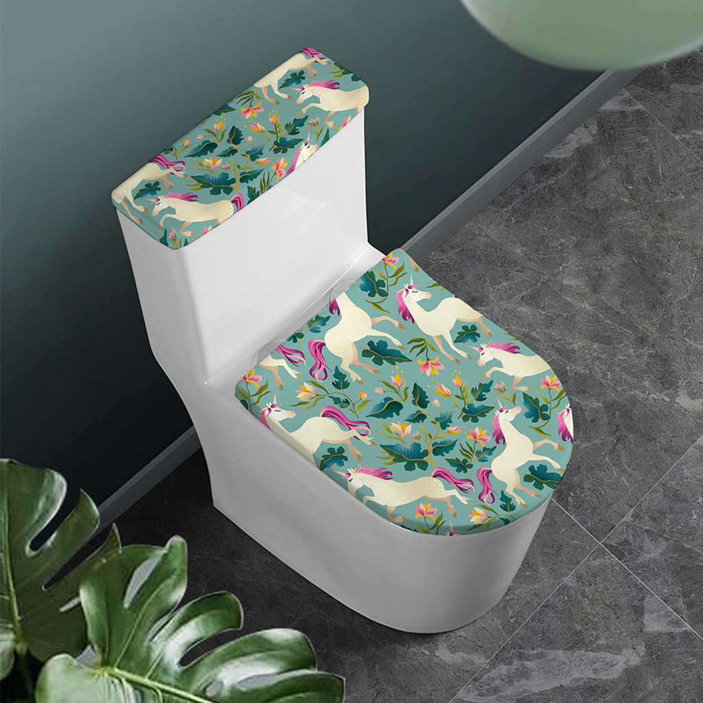 Floral Unicorn Pattern Print Toilet Lid And Tank Cover Set