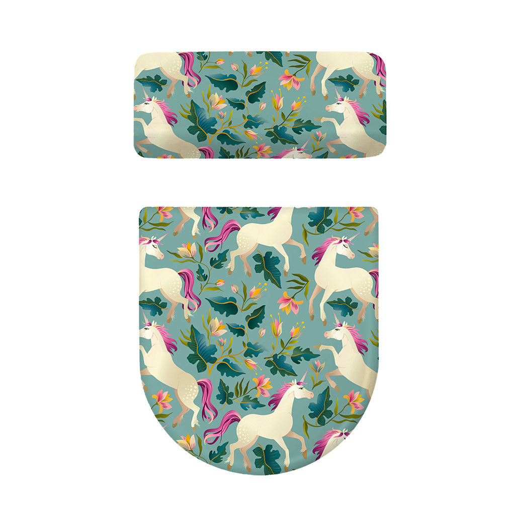 Floral Unicorn Pattern Print Toilet Lid And Tank Cover Set
