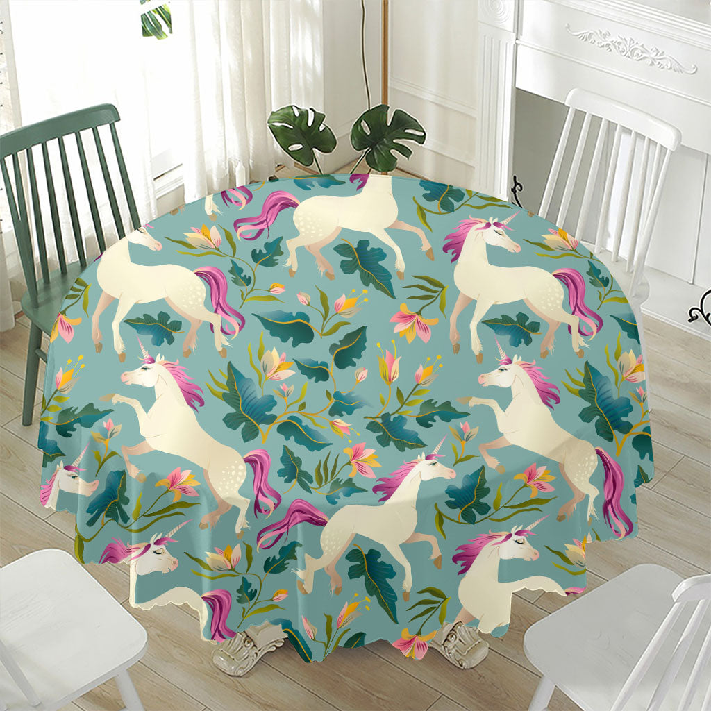 Floral Unicorn Pattern Print Waterproof Round Tablecloth