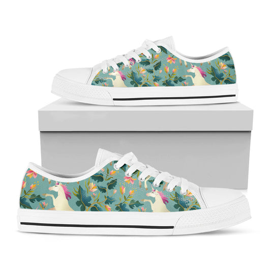 Floral Unicorn Pattern Print White Low Top Sneakers