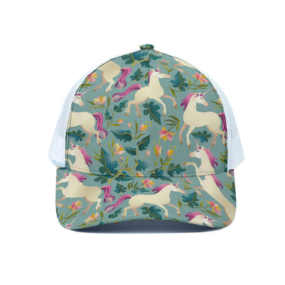 Floral Unicorn Pattern Print White Mesh Trucker Cap