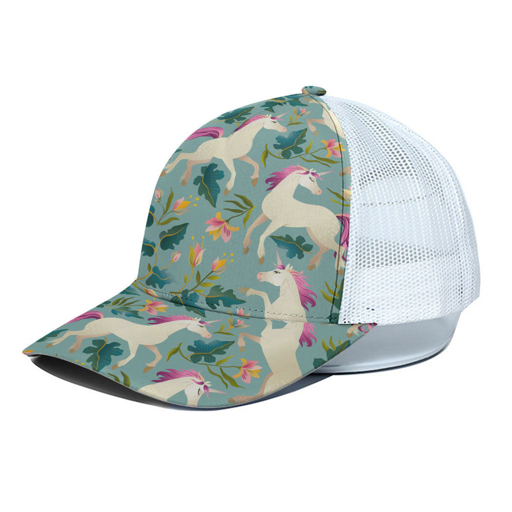 Floral Unicorn Pattern Print White Mesh Trucker Cap