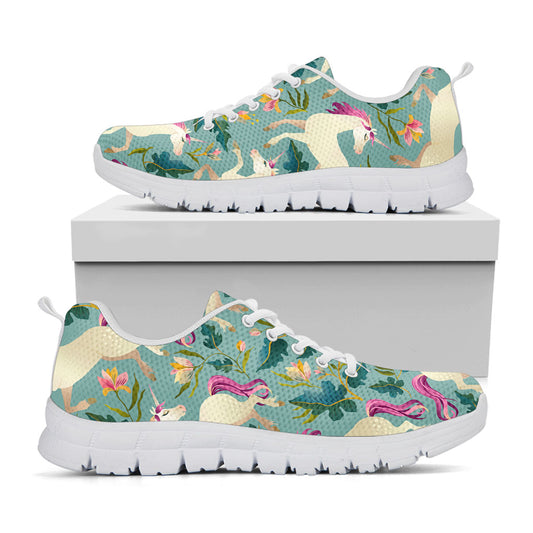 Floral Unicorn Pattern Print White Running Shoes