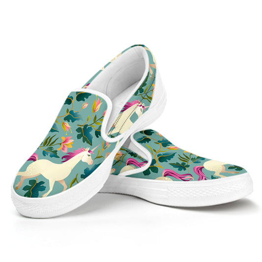 Floral Unicorn Pattern Print White Slip On Sneakers